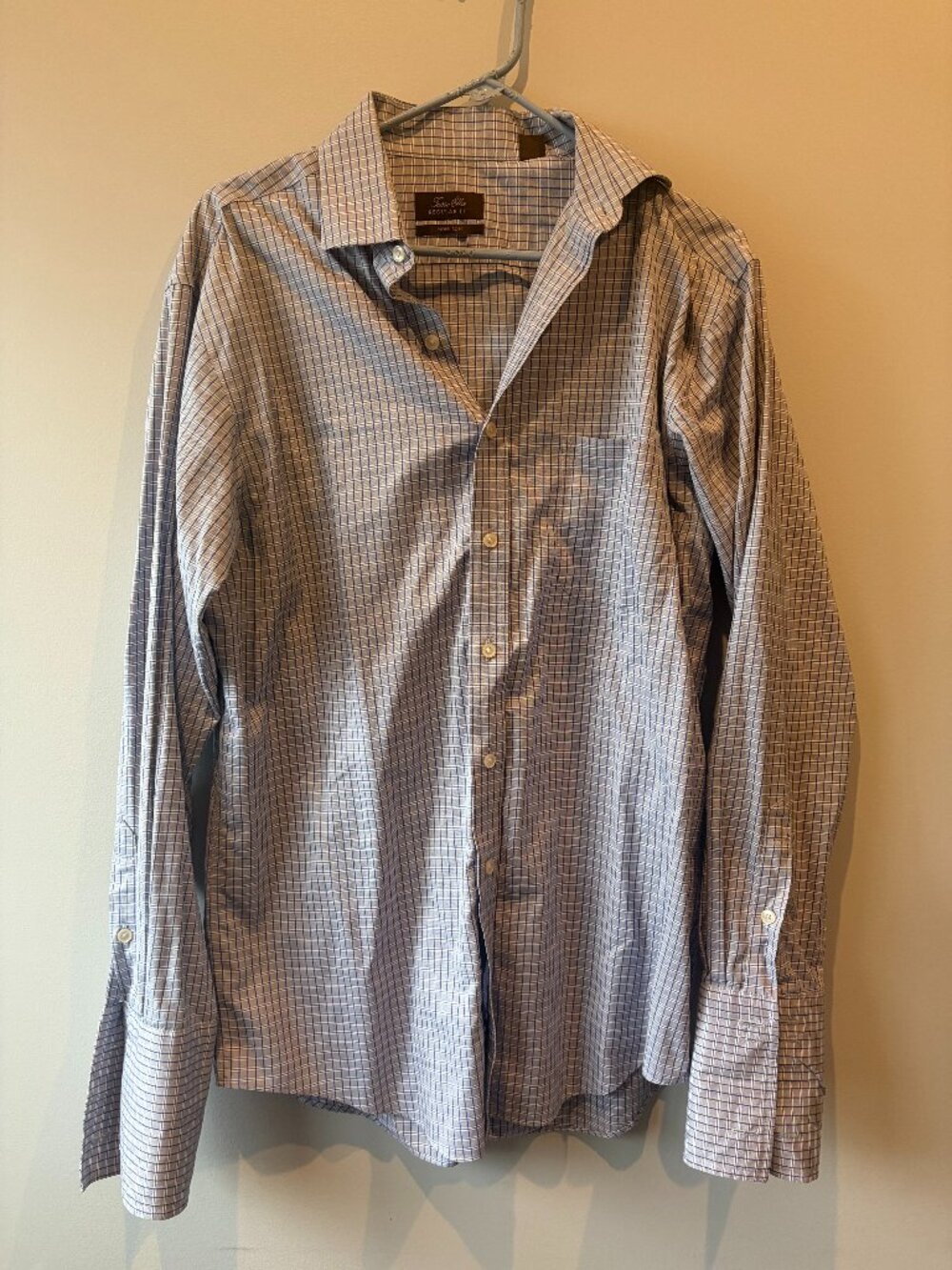 Tasso Elba Regular Fit 15 1/2 34/35 Medium Grey and Blue Checked Long Sleeves